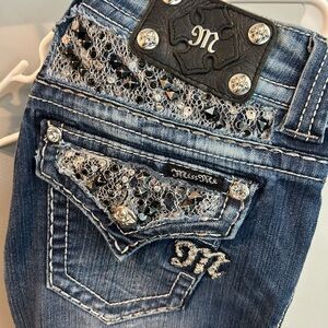 Miss Me Blue Boot Cut Jeans with Black & Silver Embellishments